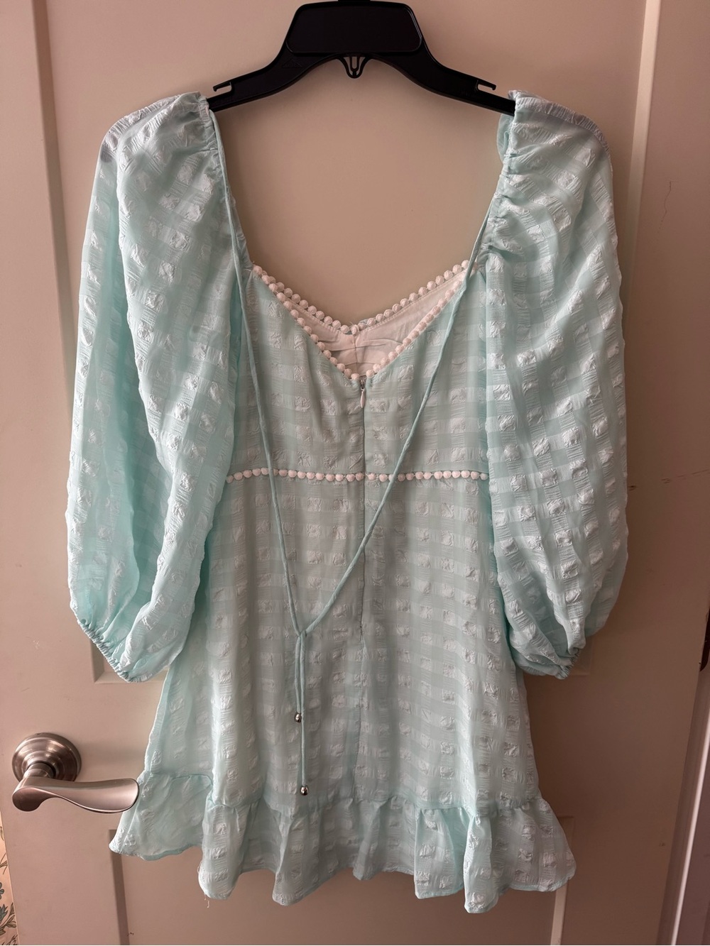 Light Blue Puff-Sleeve Midi Dress with Pom Trim